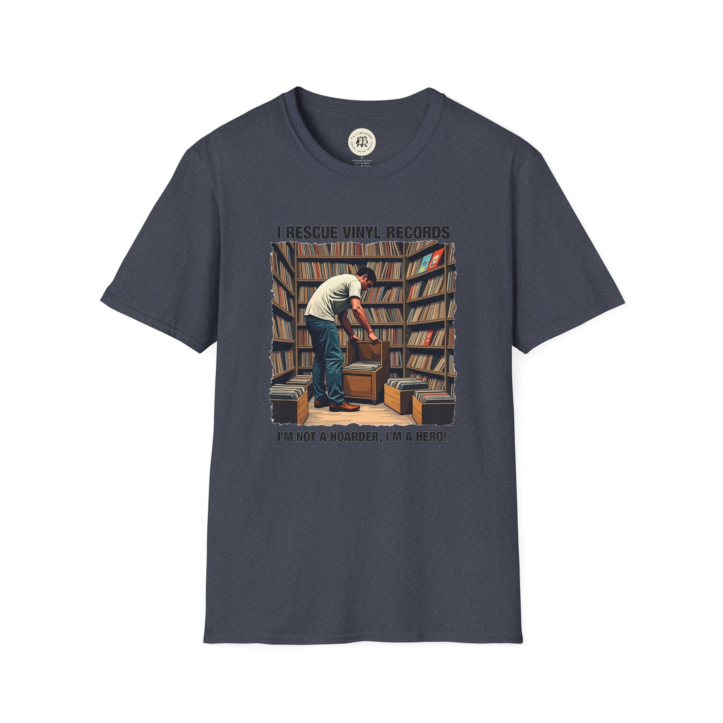 Printify music lover gift shirt with vinyl record rescue graphic on navy t-shirt