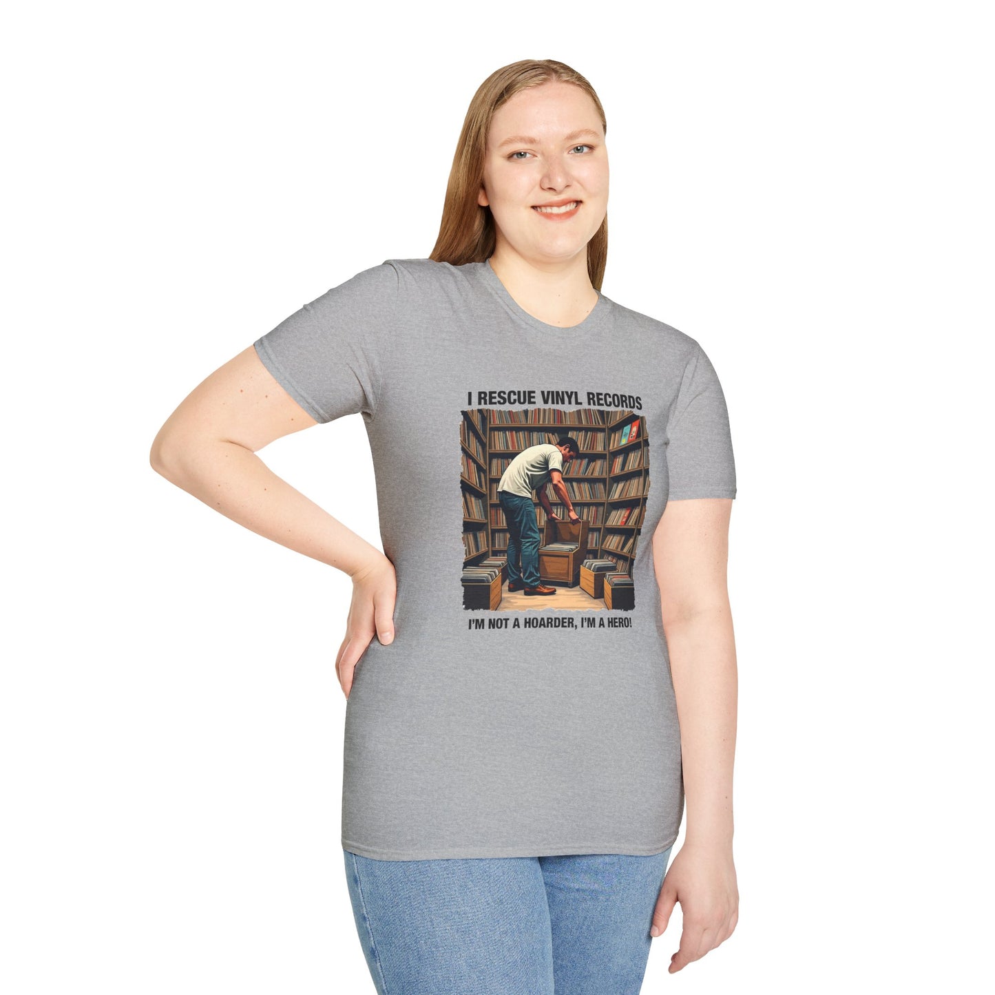 Gray Printify T-Shirt with vintage record rescuer design perfect music lover gift shirt