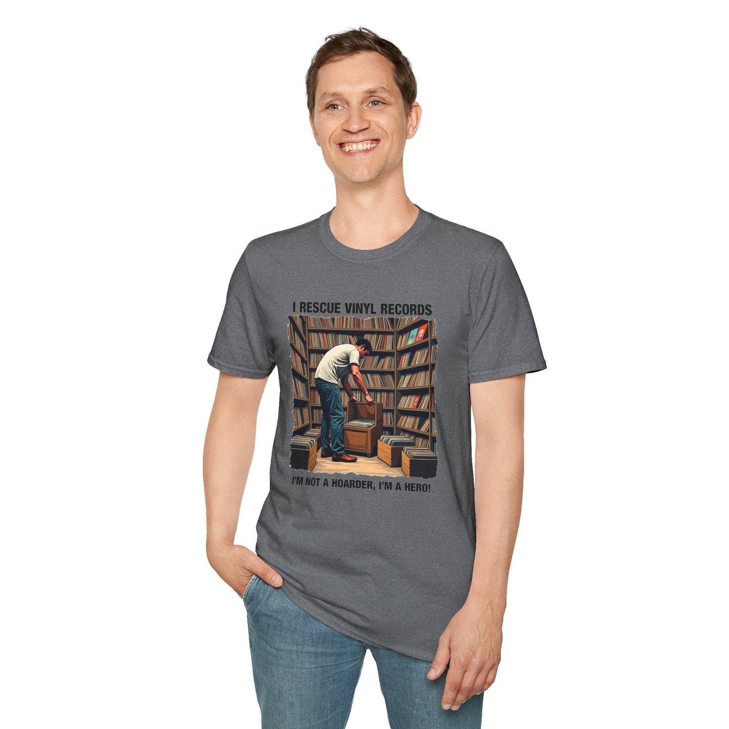 Printify gray t-shirt with vintage vinyl records rescue design perfect music lover gift shirt
