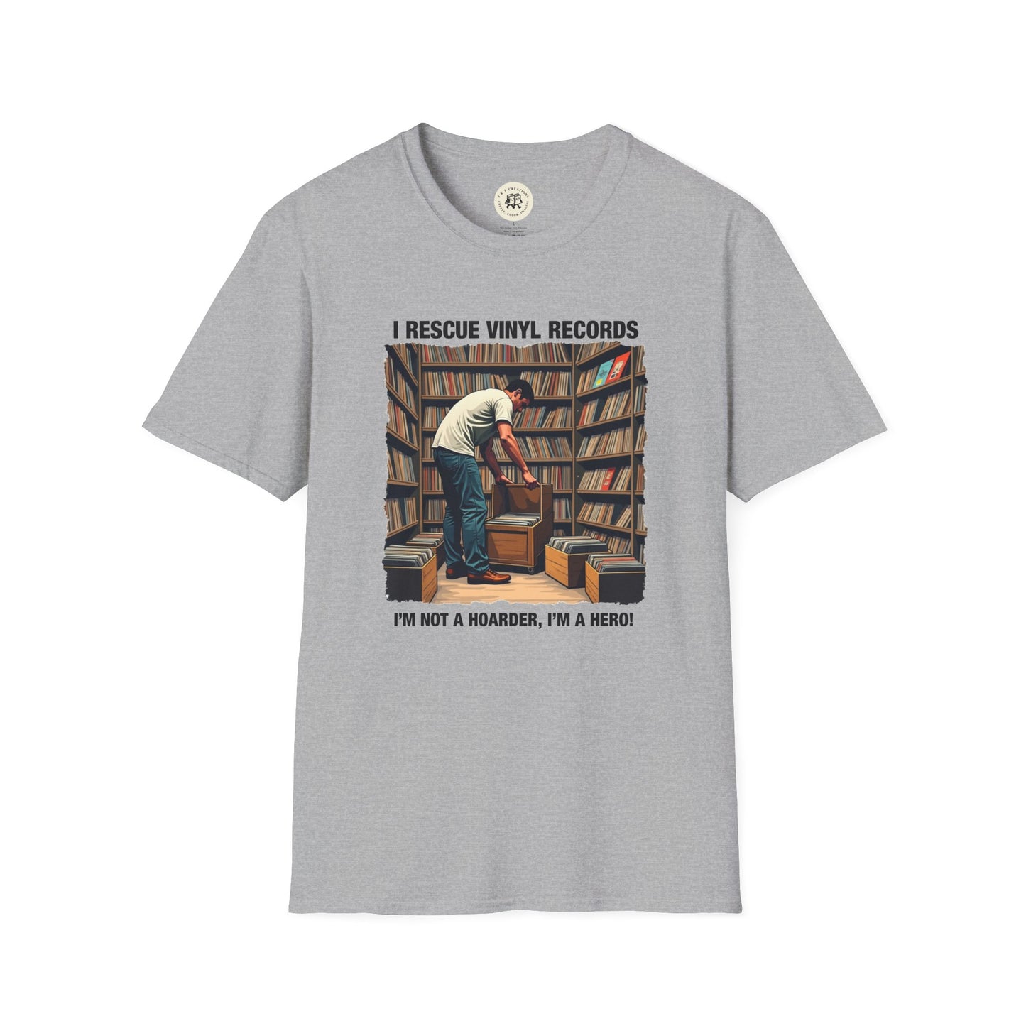 Gray Printify music lover gift shirt with vinyl records rescue graphic and text design