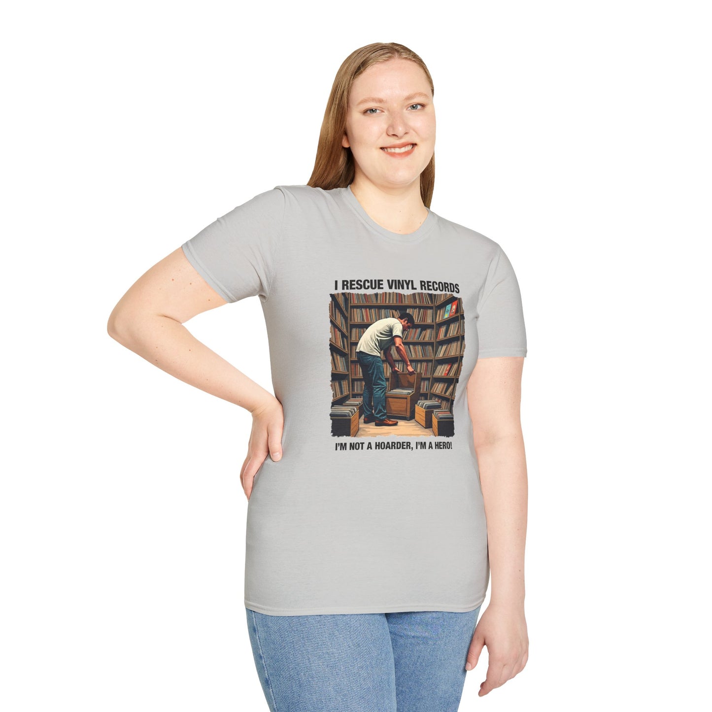 Gray music lover gift shirt featuring a vinyl records rescue design worn by smiling woman