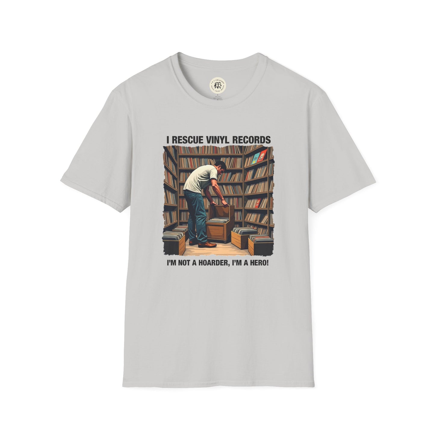 Gray Printify t-shirt with vintage vinyl records rescue design music lover gift shirt