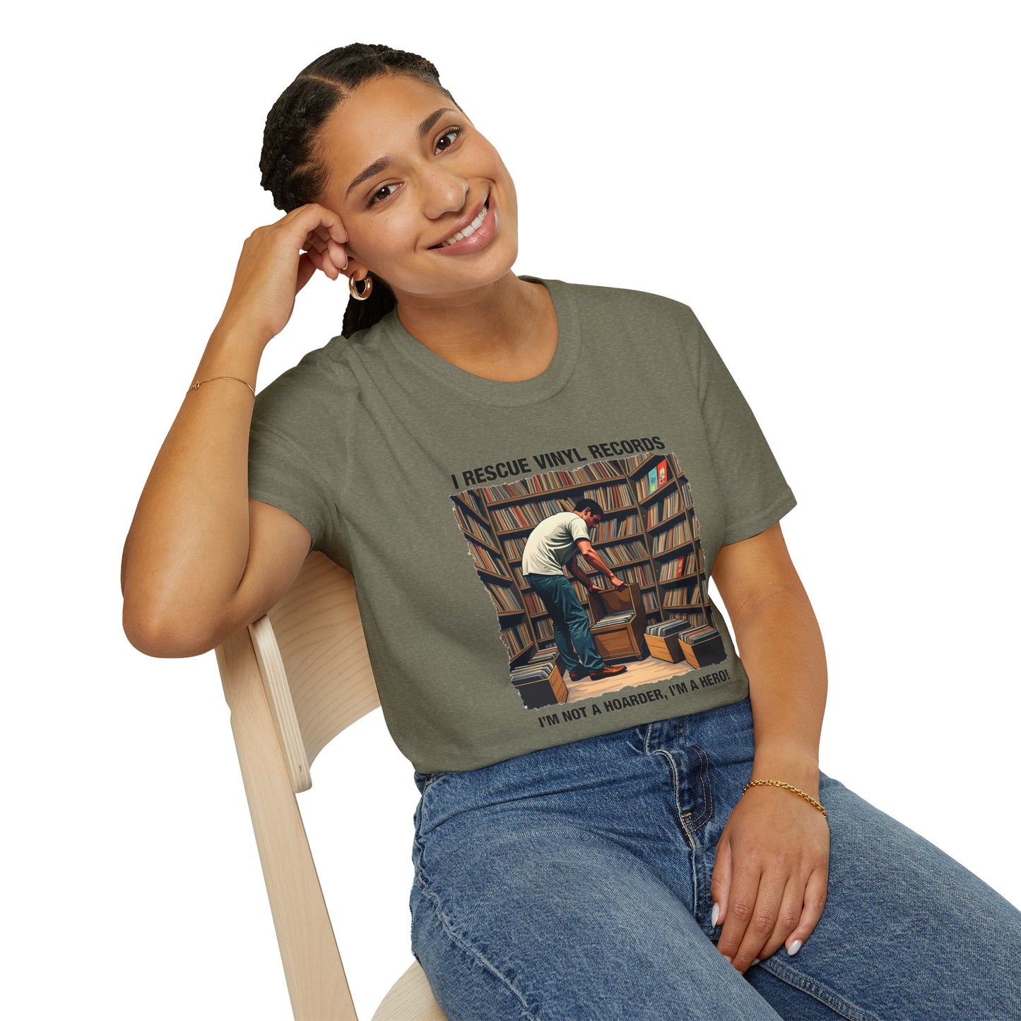 Printify music lover gift shirt with vinyl records design worn by smiling woman sitting on chair
