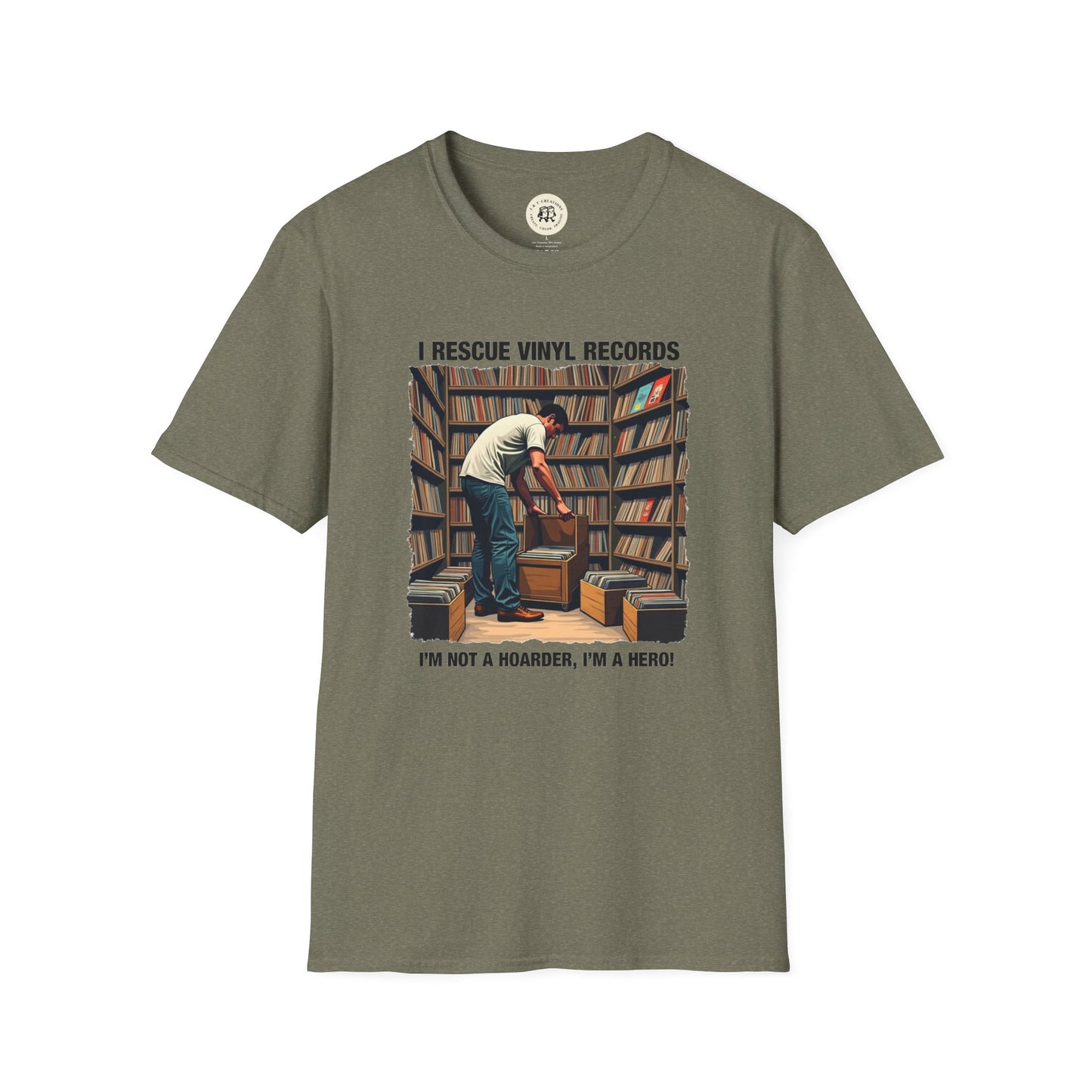 Printify music lover gift shirt with graphic of person rescuing vinyl records in a library