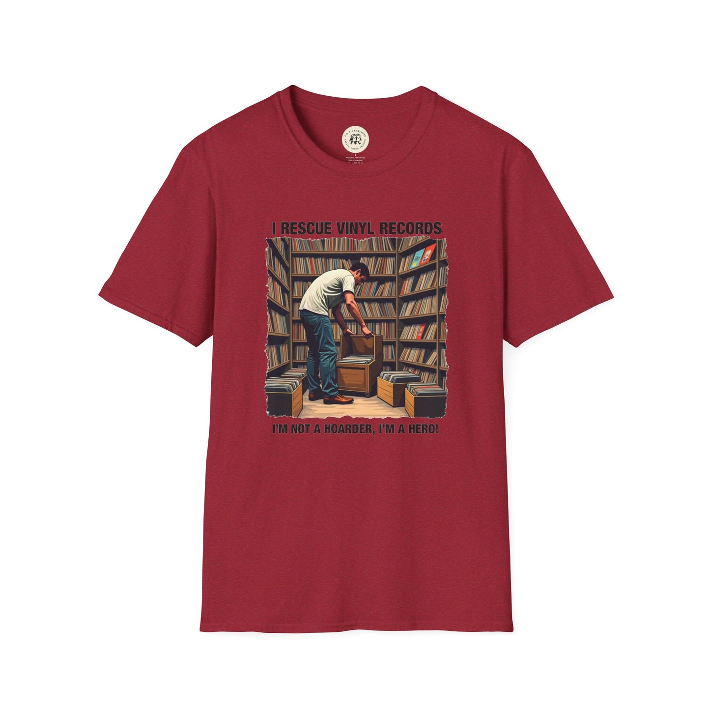 Red Printify music lover gift shirt with graphic of a man rescuing vinyl records in a record store