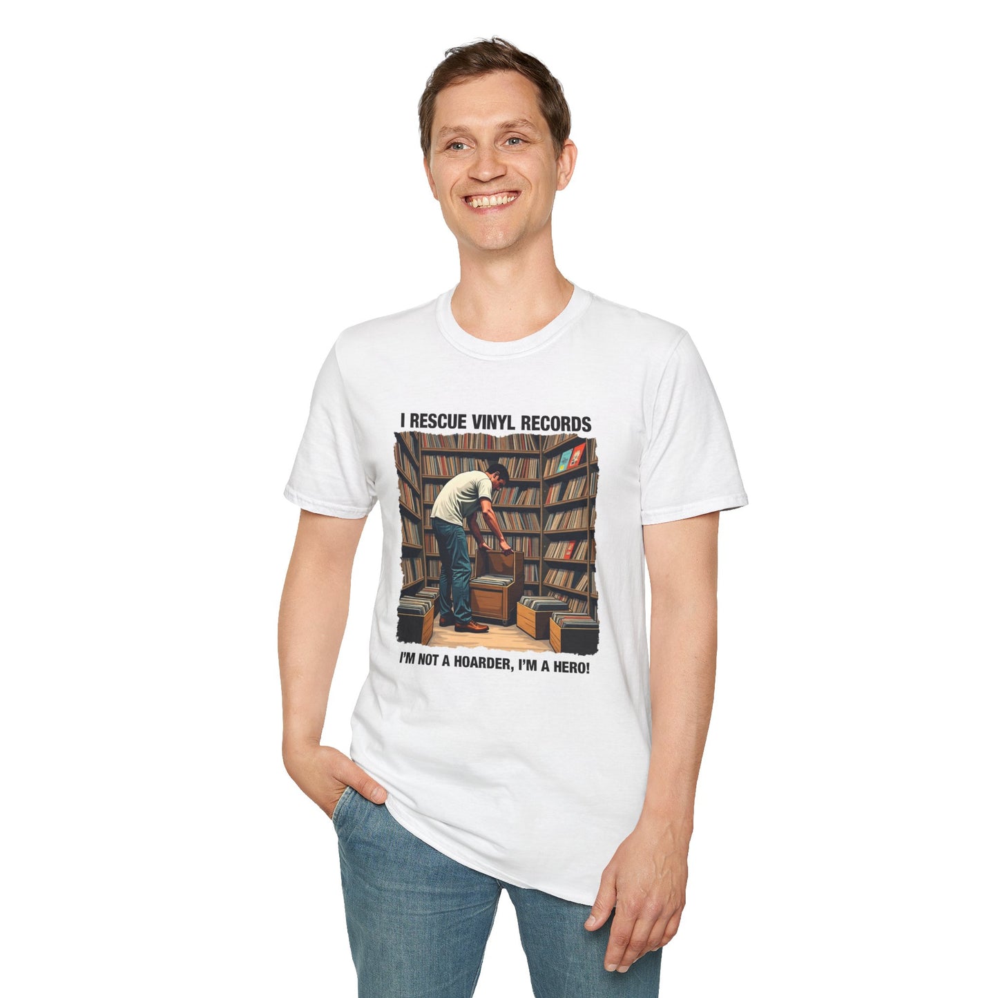 White music lover gift shirt with vintage vinyl records rescue design, perfect for music fans