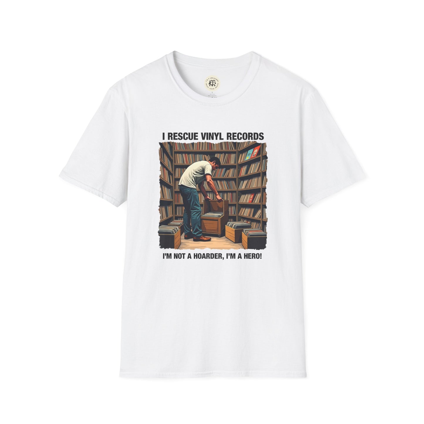 White Printify t-shirt featuring vintage style music lover gift shirt design with vinyl records rescue theme