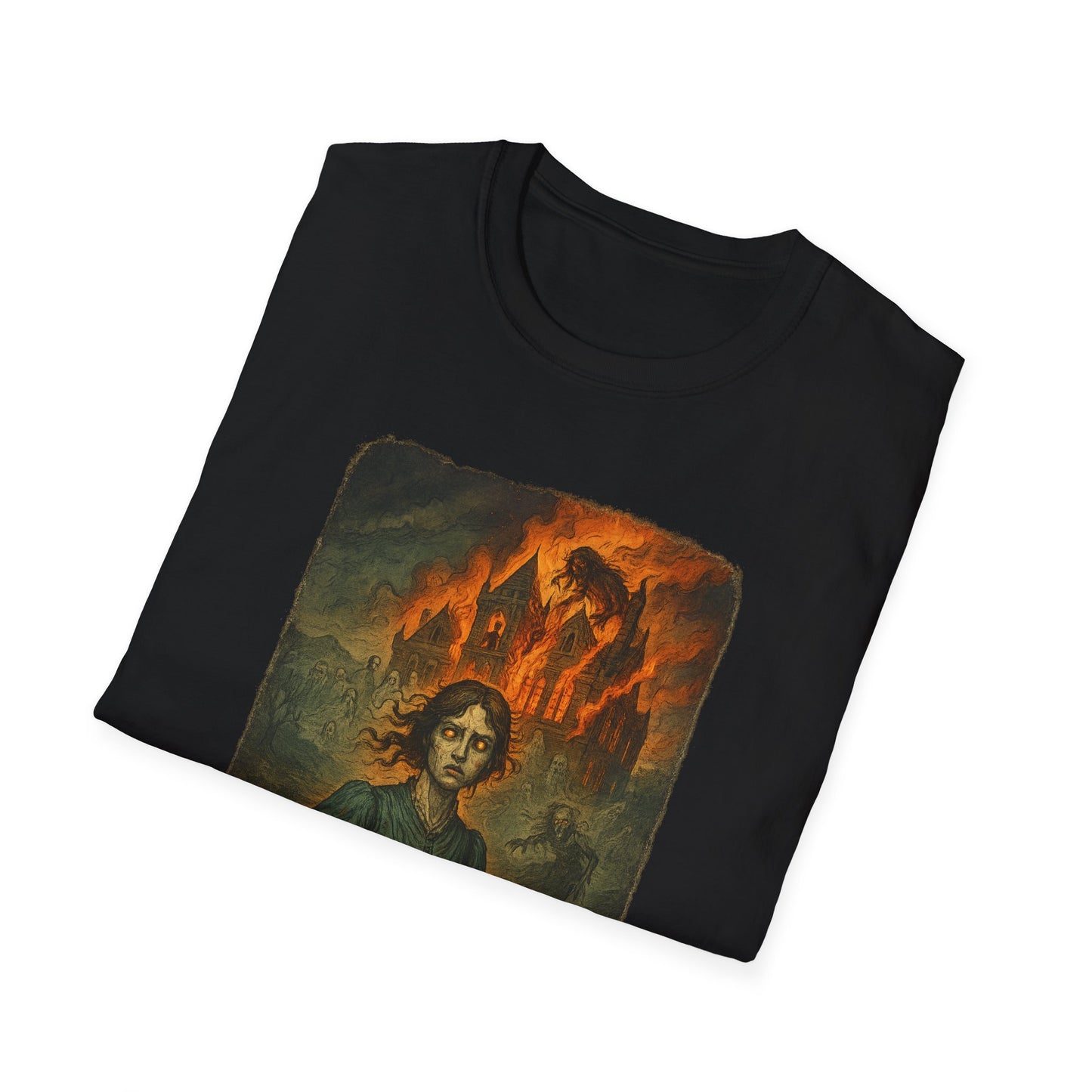Black Jane Eyre graphic t-shirt by Printify featuring a fiery gothic illustration from the classic novel