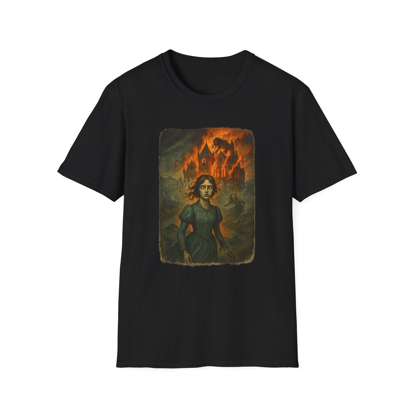 Black Jane Eyre graphic t-shirt with vintage illustration of Jane Eyre and fiery background