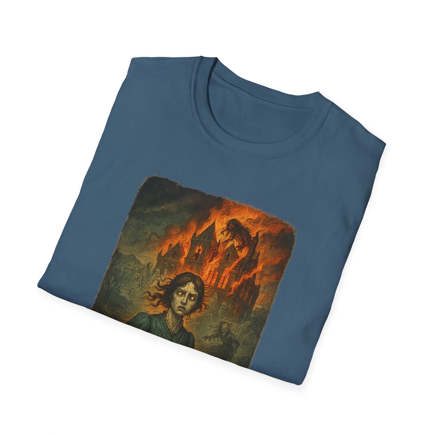Blue Printify Jane Eyre graphic t-shirt featuring a dark, moody illustration of a woman and a fiery castle