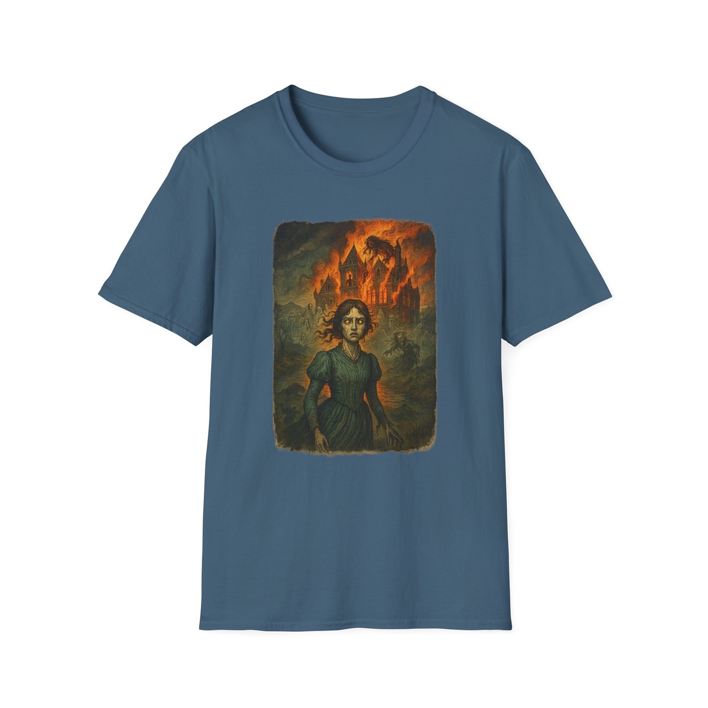 Printify Jane Eyre graphic t-shirt in blue featuring a dramatic illustration of Jane Eyre with a burning mansion background