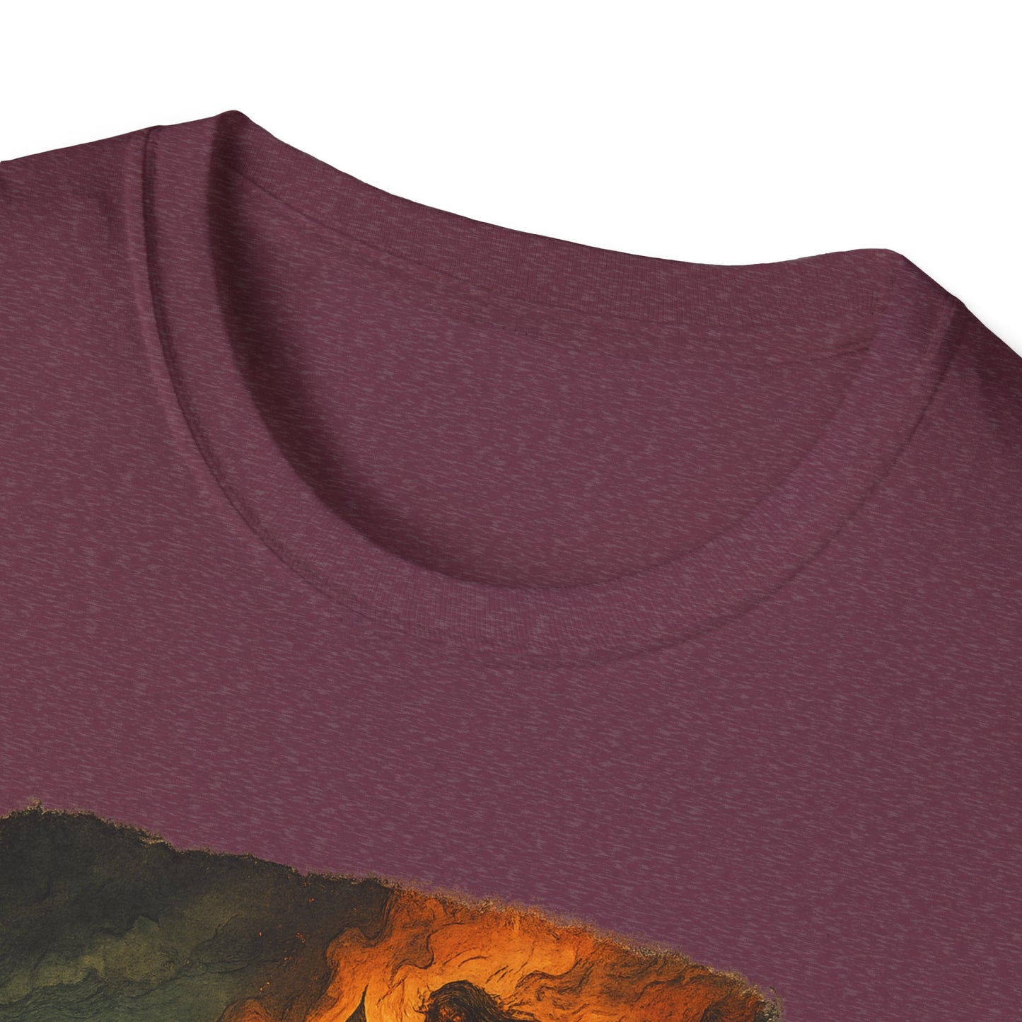 Close-up of a maroon Printify Jane Eyre graphic t-shirt showing the neckline and fabric texture