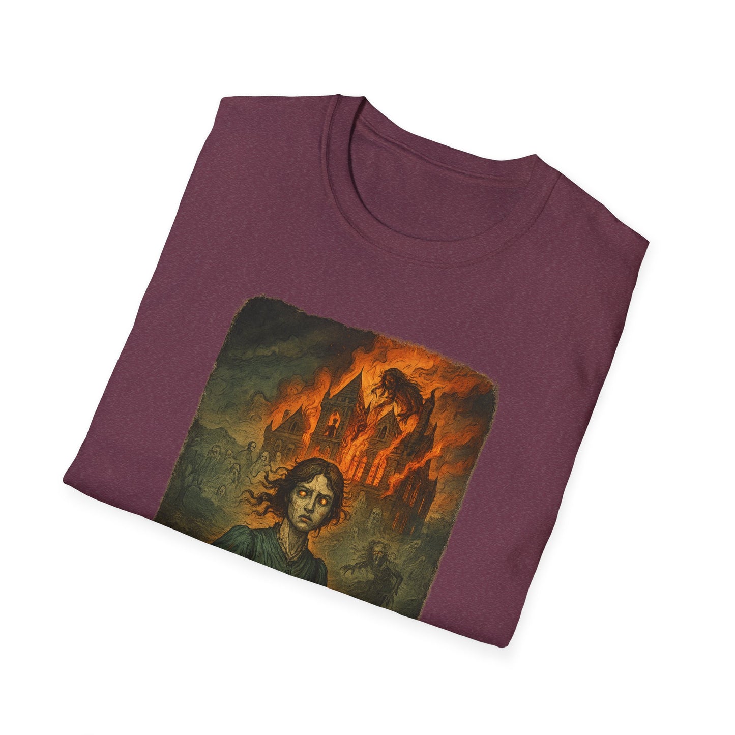 Printify maroon Jane Eyre graphic t-shirt featuring a dark, moody illustration with a burning mansion background