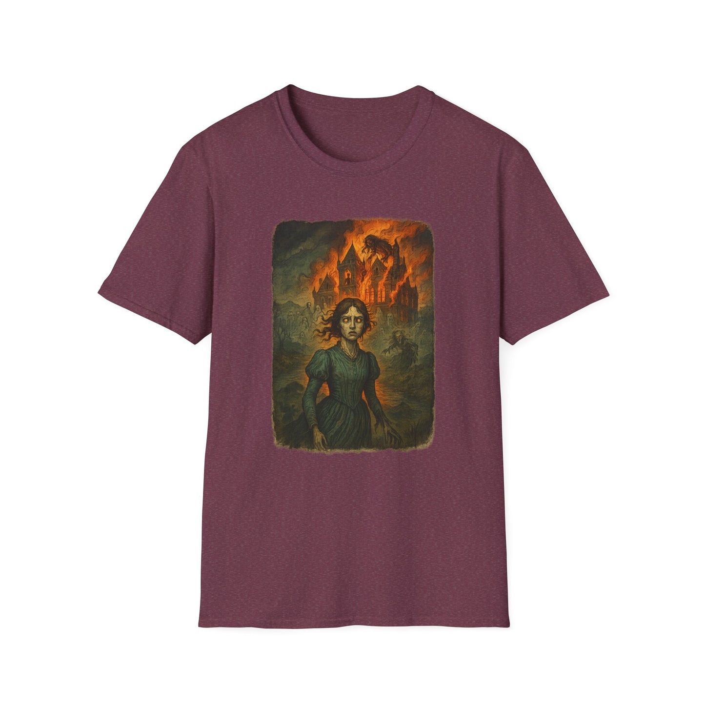 Printify Jane Eyre graphic t-shirt in maroon featuring a dramatic illustrated scene from the novel