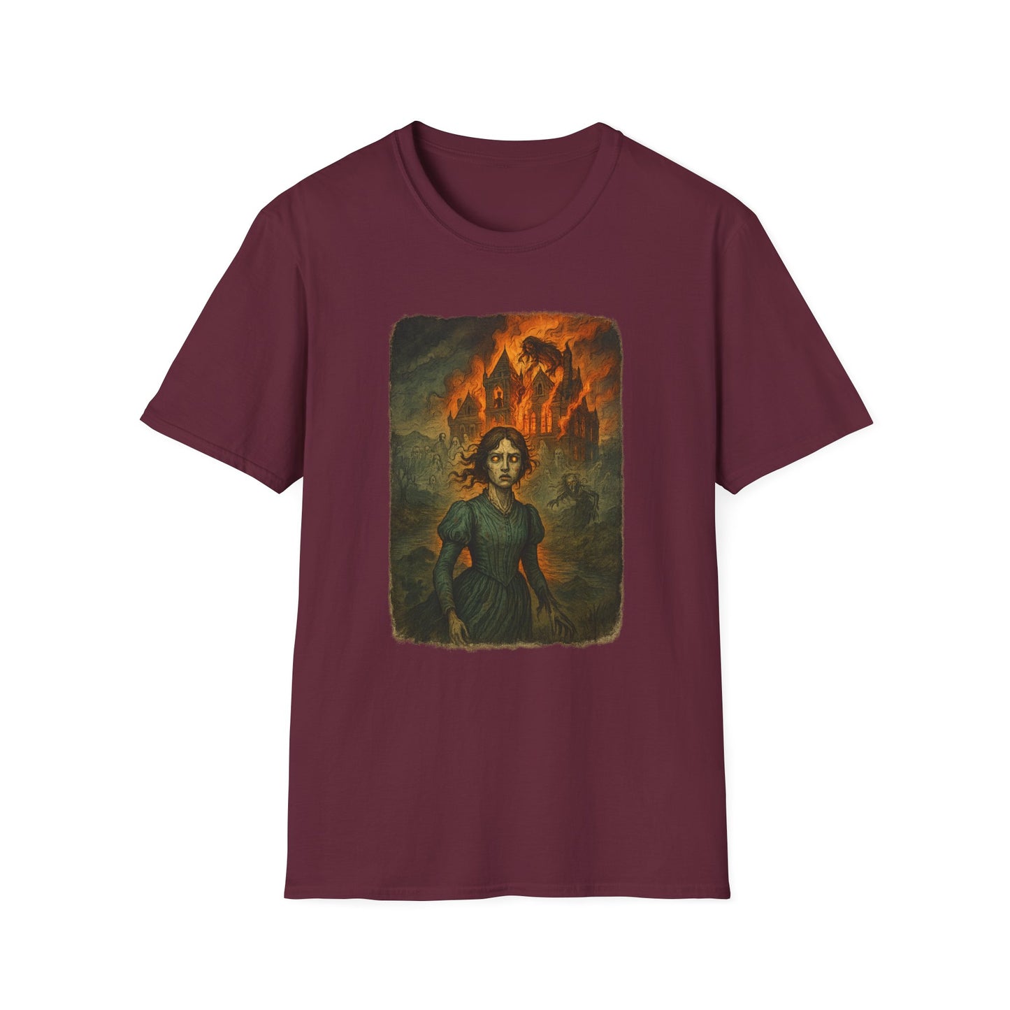 Maroon Jane Eyre graphic t-shirt by Printify featuring a dark fiery castle and a woman in period dress