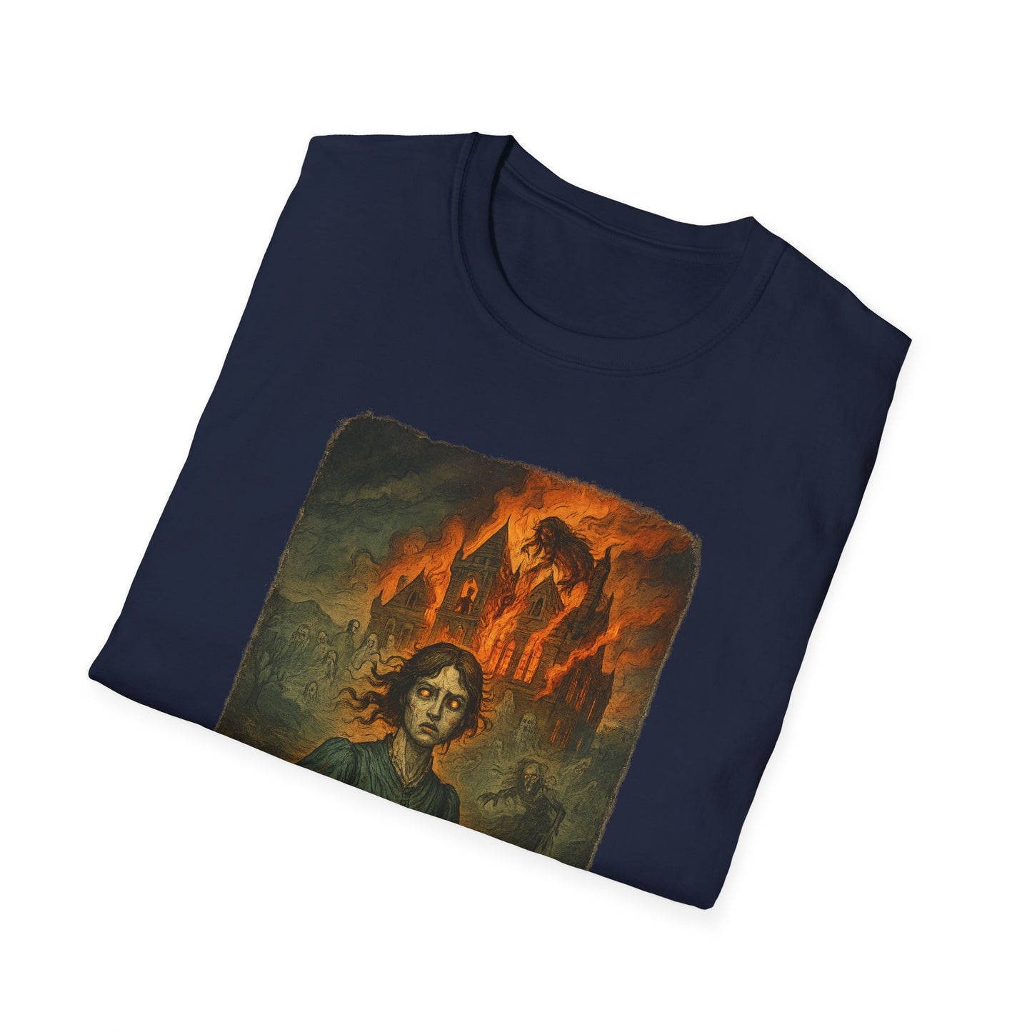 Printify navy Jane Eyre graphic t-shirt featuring a dramatic illustrated scene with a woman and fiery castle background