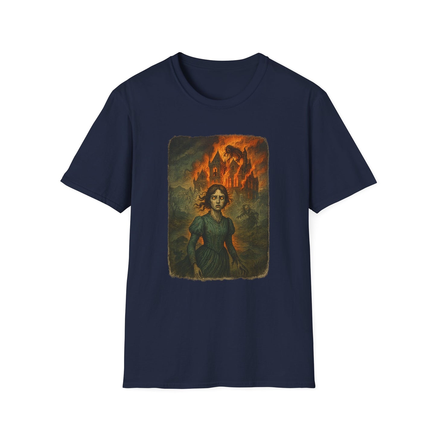 Navy blue Printify Jane Eyre graphic t-shirt featuring a vintage illustration of Jane Eyre with a burning mansion background