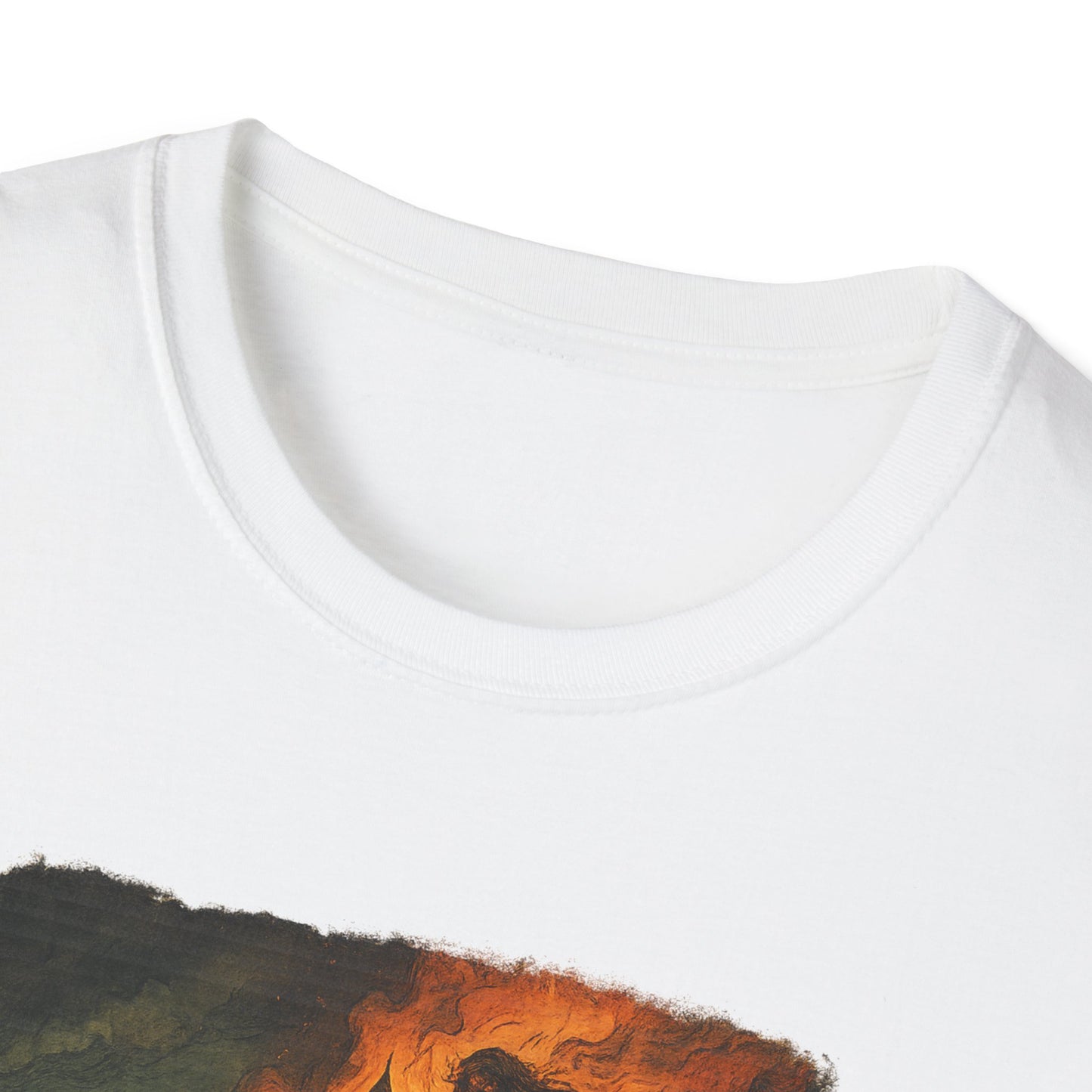 Close-up of white Printify Jane Eyre graphic t-shirt featuring detailed colorful design on fabric