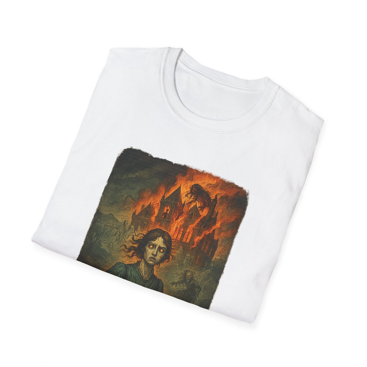 White Printify Jane Eyre graphic t-shirt featuring a dark, moody illustration of Jane Eyre with a fiery background