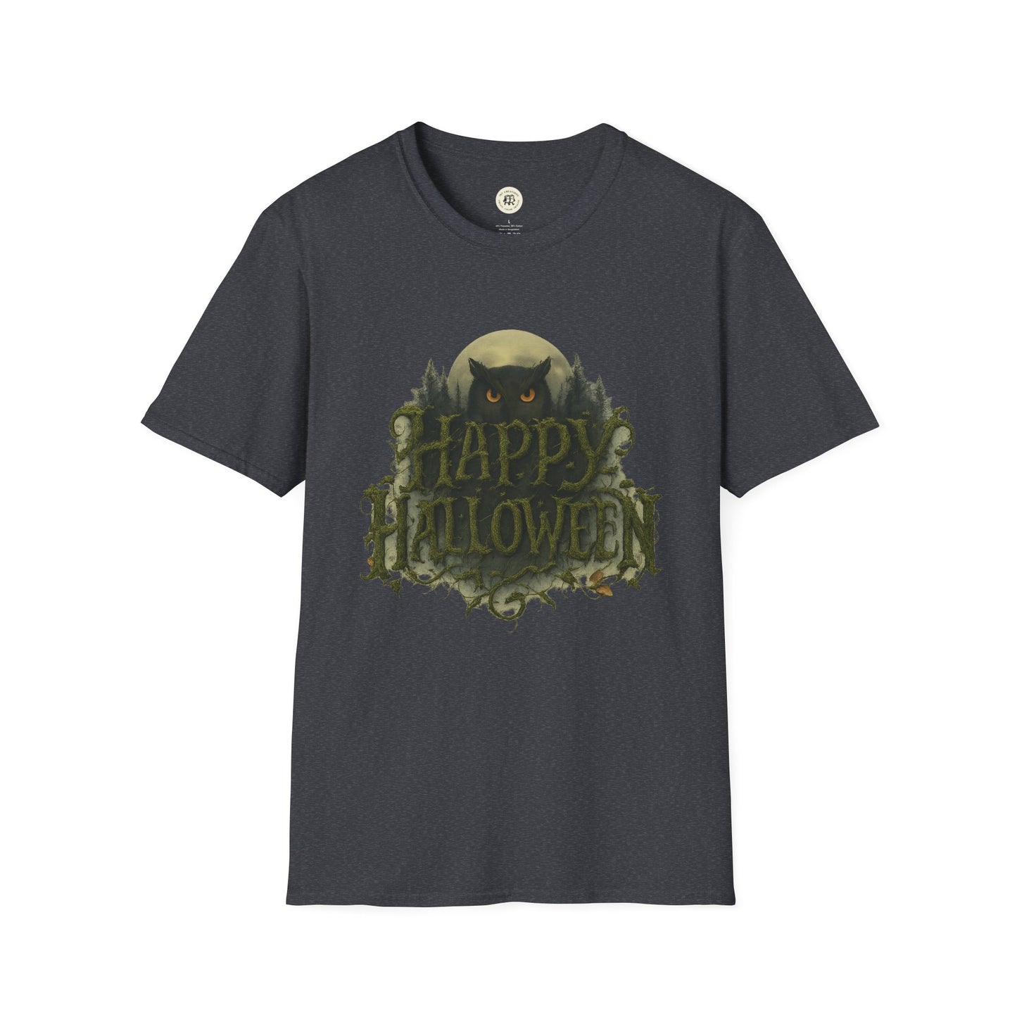Printify Halloween graphic t-shirt with black owl and Happy Halloween design on dark gray fabric