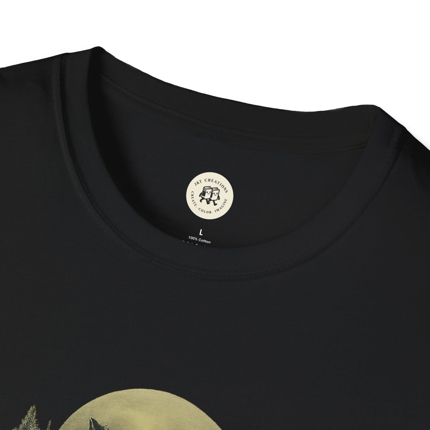 Close-up of black Printify Halloween graphic t-shirt neckline and partial moon design