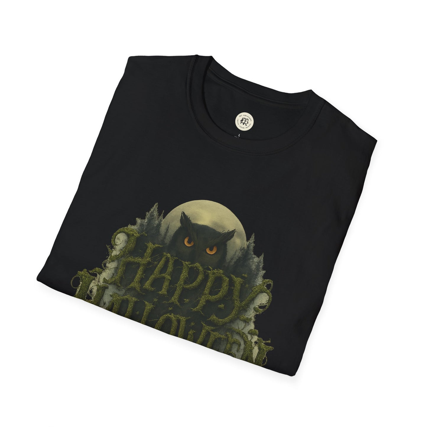 Black Printify Halloween graphic t-shirt featuring an owl with orange eyes and Halloween text design