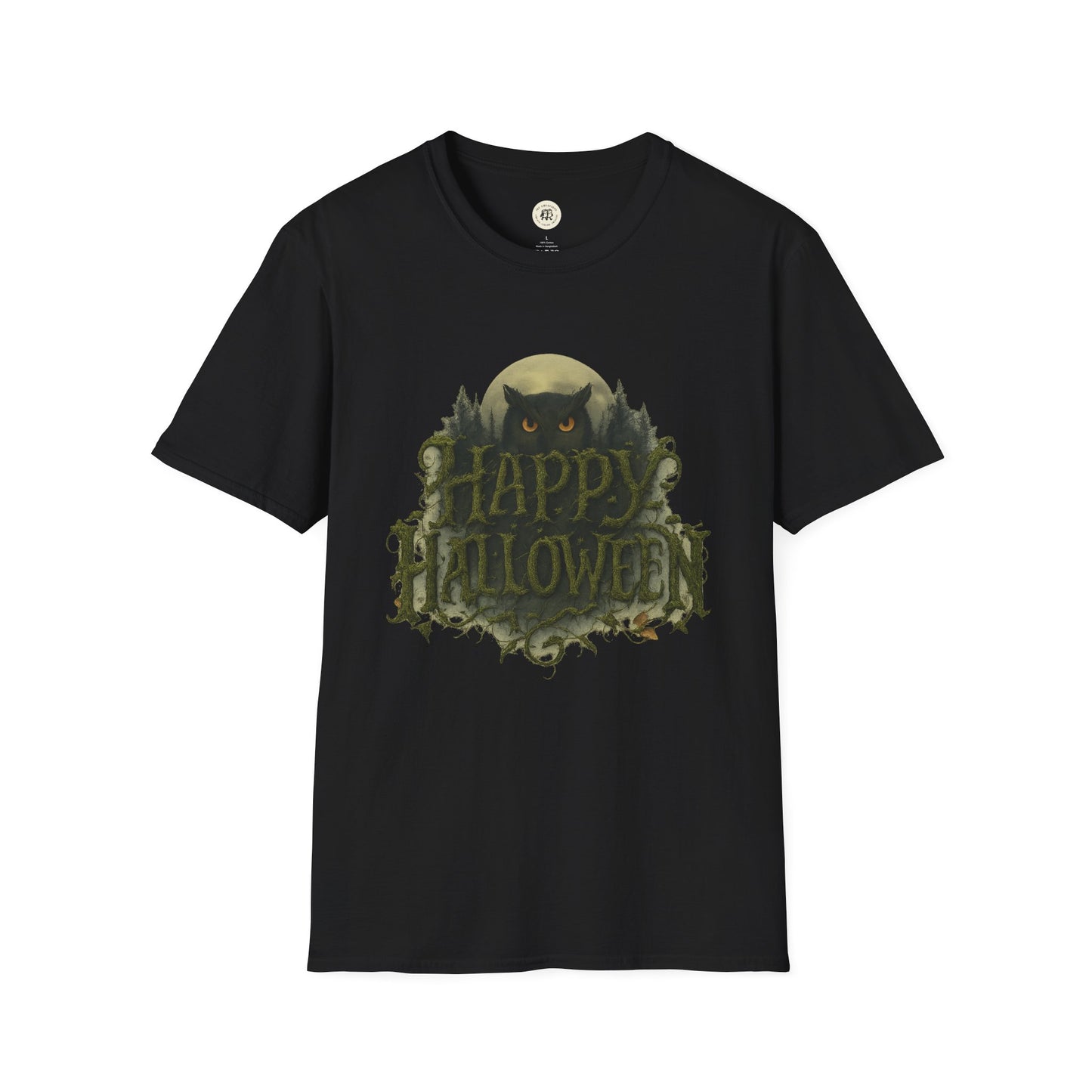 Black Halloween graphic t-shirt with spooky Happy Halloween design and owl under full moon