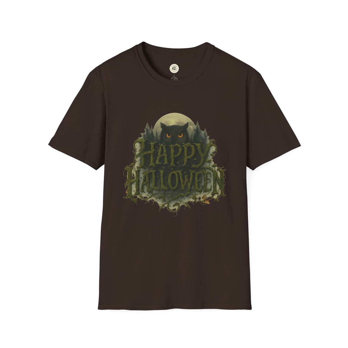 Printify Halloween graphic t-shirt with spooky owl and Happy Halloween text on black background