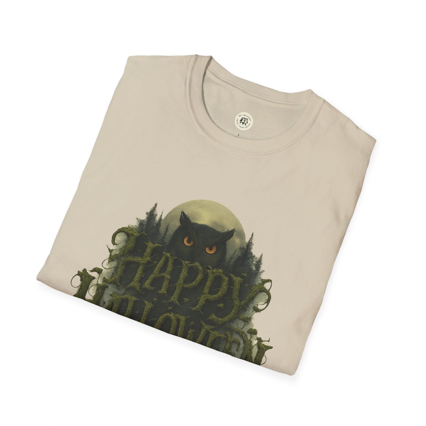 Beige Printify Halloween graphic t-shirt featuring an owl with glowing eyes and Happy Halloween text