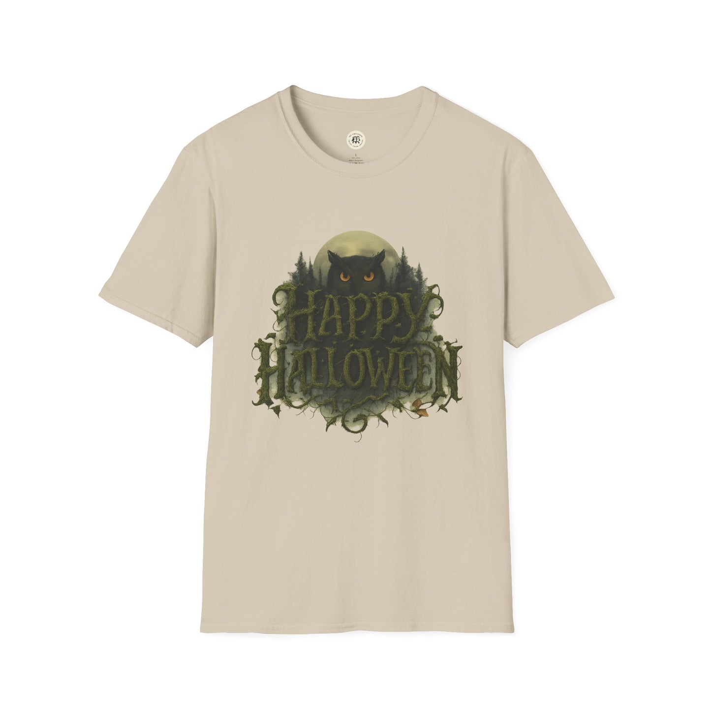 Beige Printify Halloween graphic t-shirt with spooky owl and Happy Halloween text design