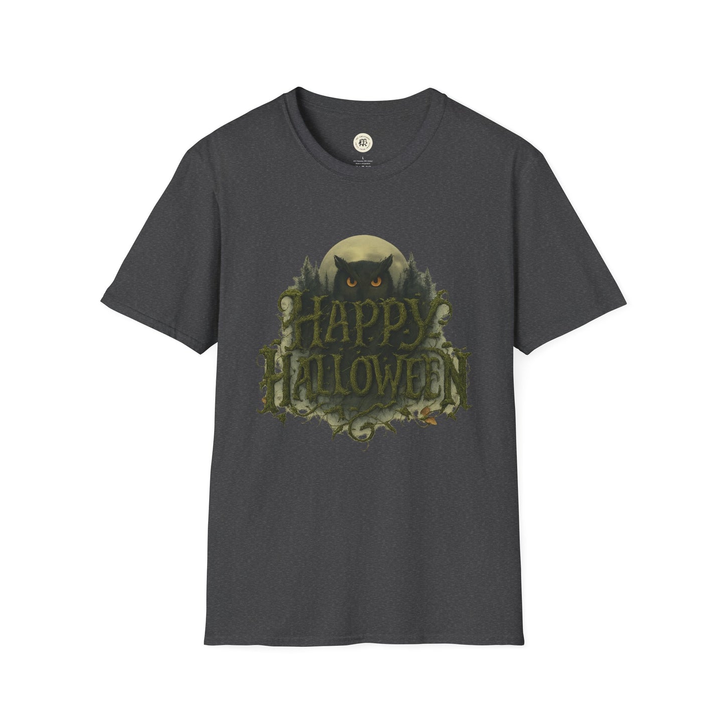 Printify Halloween graphic t-shirt with black cat and Happy Halloween text on dark gray fabric