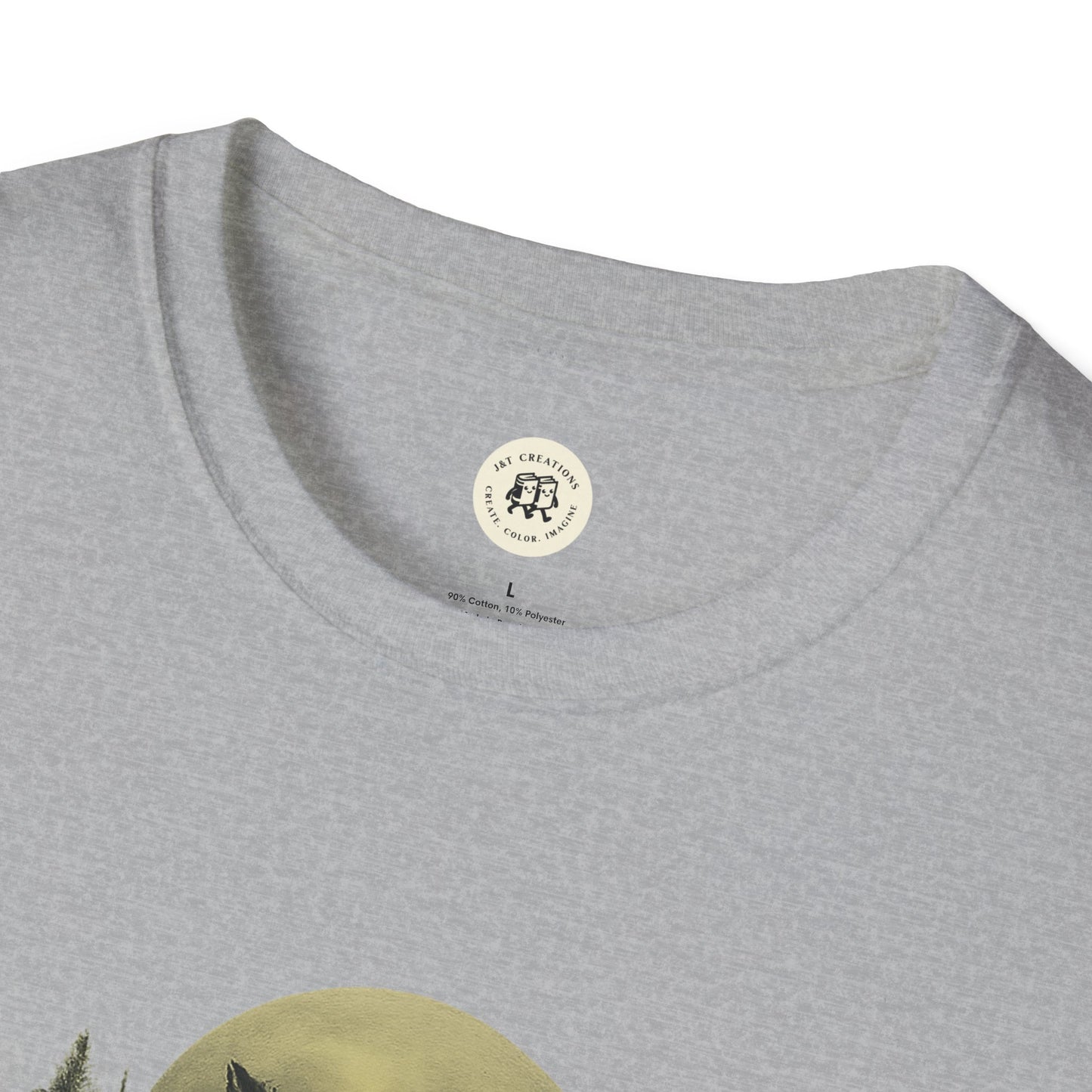 Close-up of gray Printify Halloween graphic t-shirt showing neckline and fabric texture