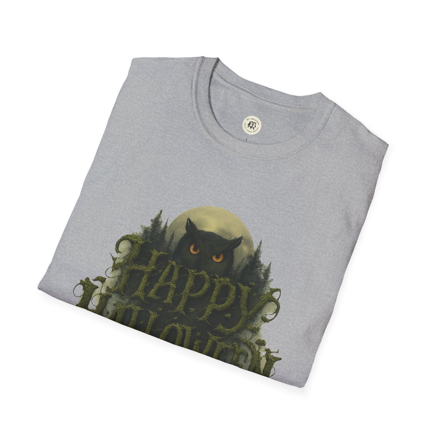 Printify Halloween graphic t-shirt featuring a black owl and full moon design on gray fabric