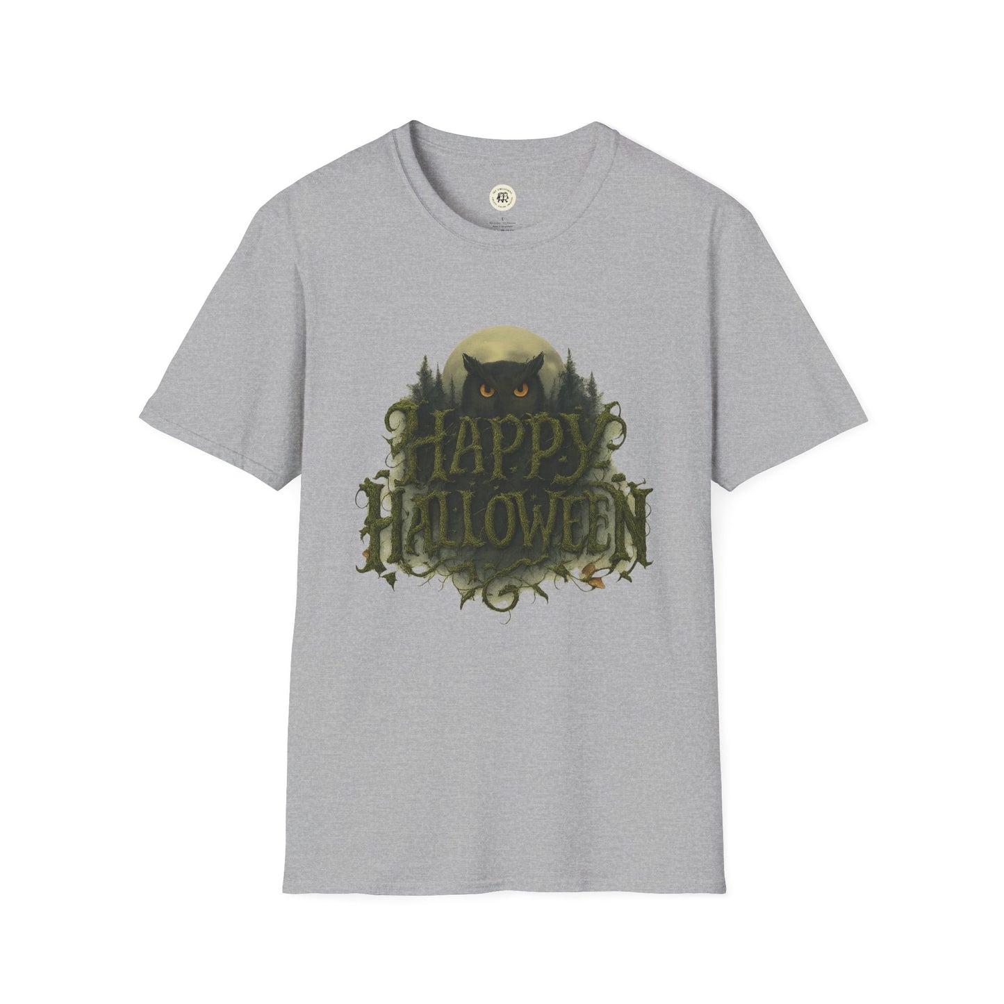Printify gray Halloween graphic t-shirt with scary owl and Happy Halloween text design