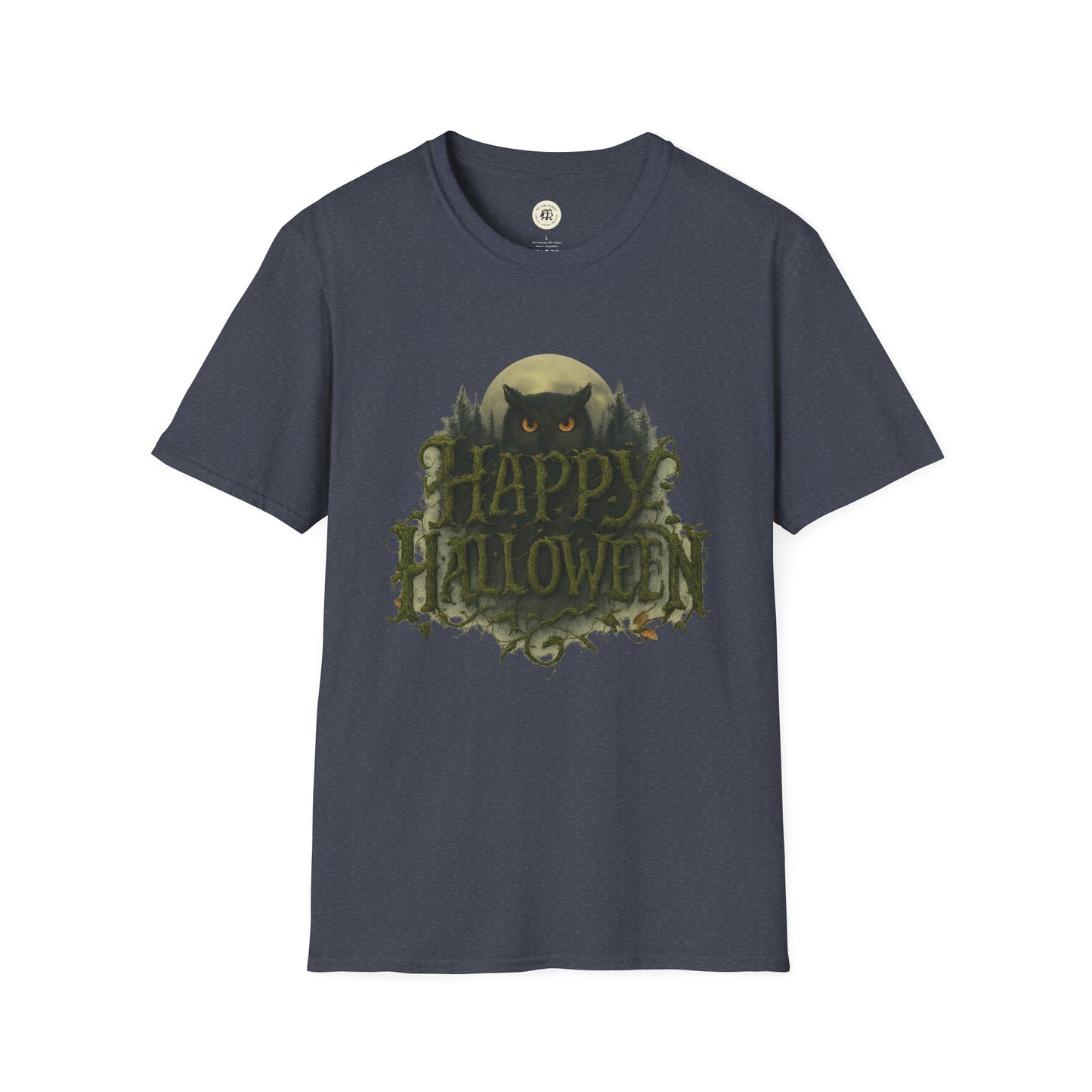 Printify Halloween graphic t-shirt in dark gray with spooky owl and happy Halloween design