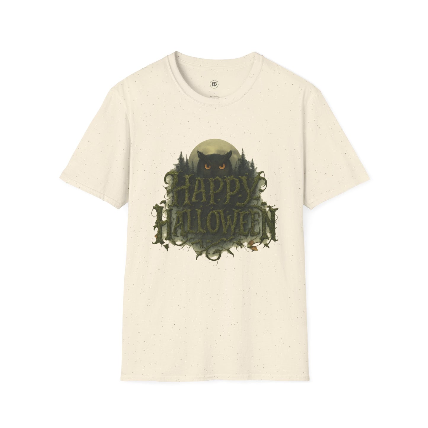 Printify Halloween graphic t-shirt in cream with spooky owl and Happy Halloween design