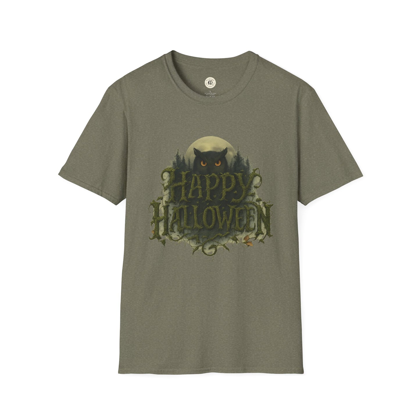 Printify Halloween graphic t-shirt with spooky owl and Happy Halloween text on olive green fabric