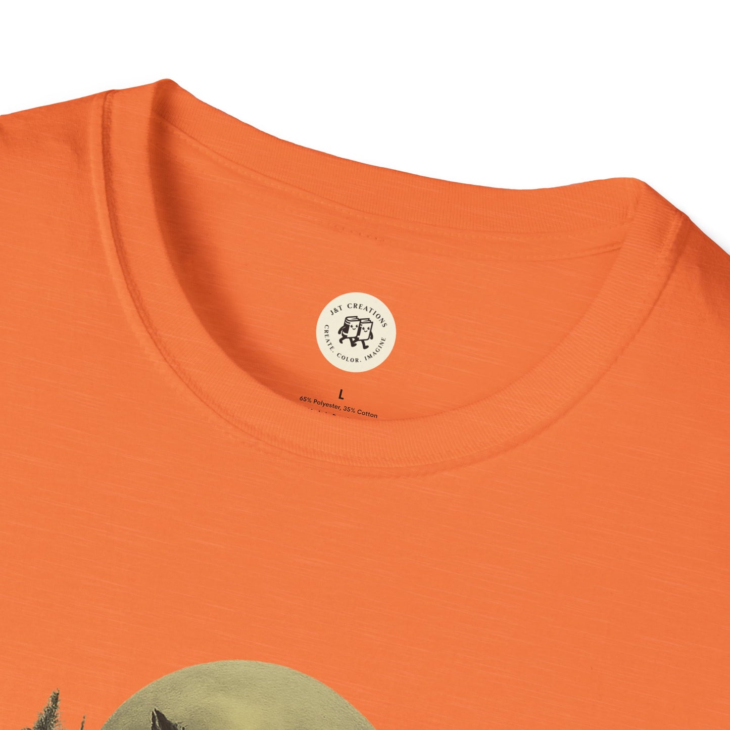 Orange Halloween graphic t-shirt neck and upper chest detail by Printify