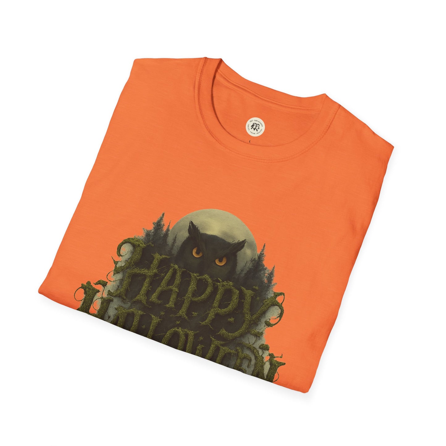 Orange Halloween graphic t-shirt featuring a spooky owl and full moon design by Printify