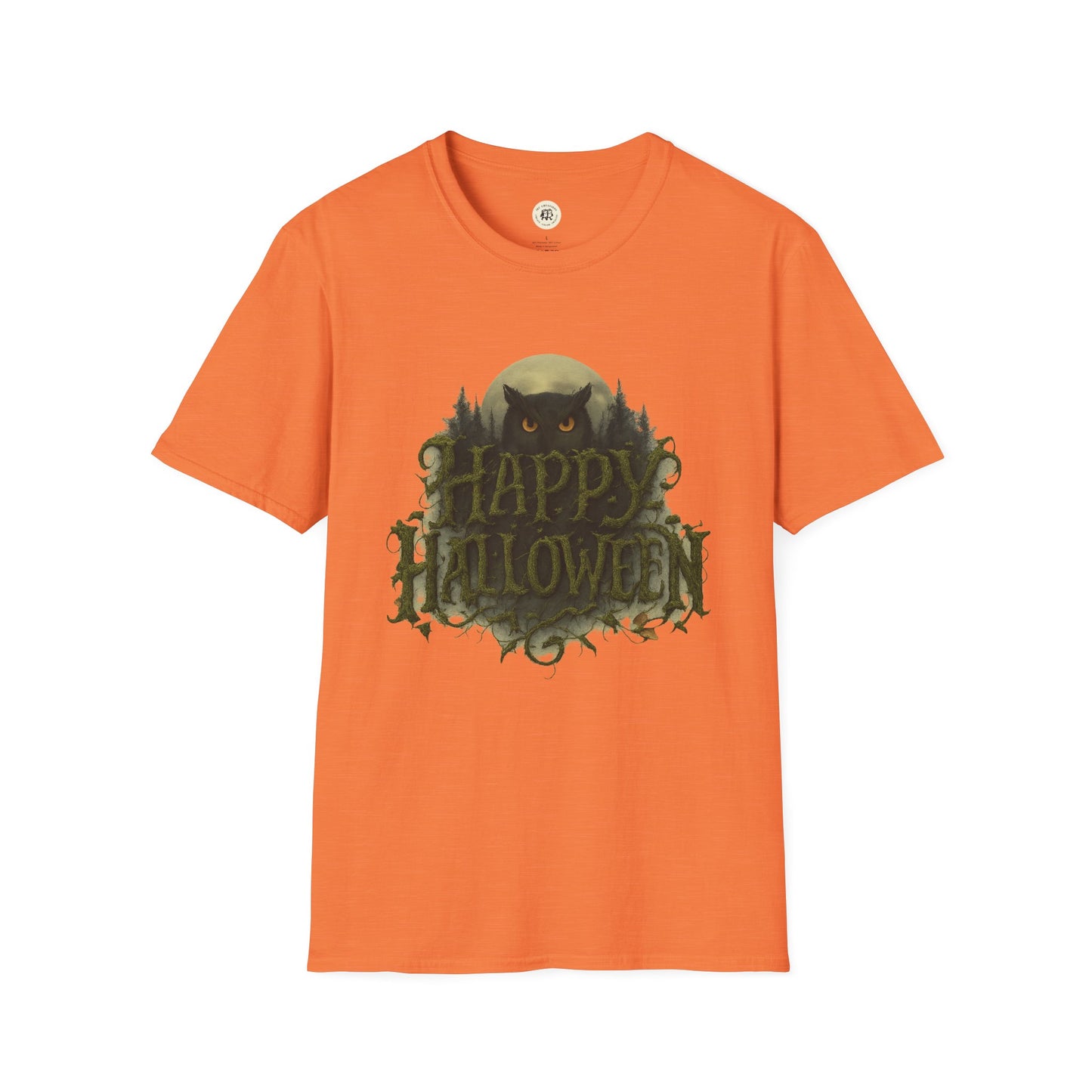 Orange Halloween graphic t-shirt by Printify with spooky owl and Happy Halloween text design