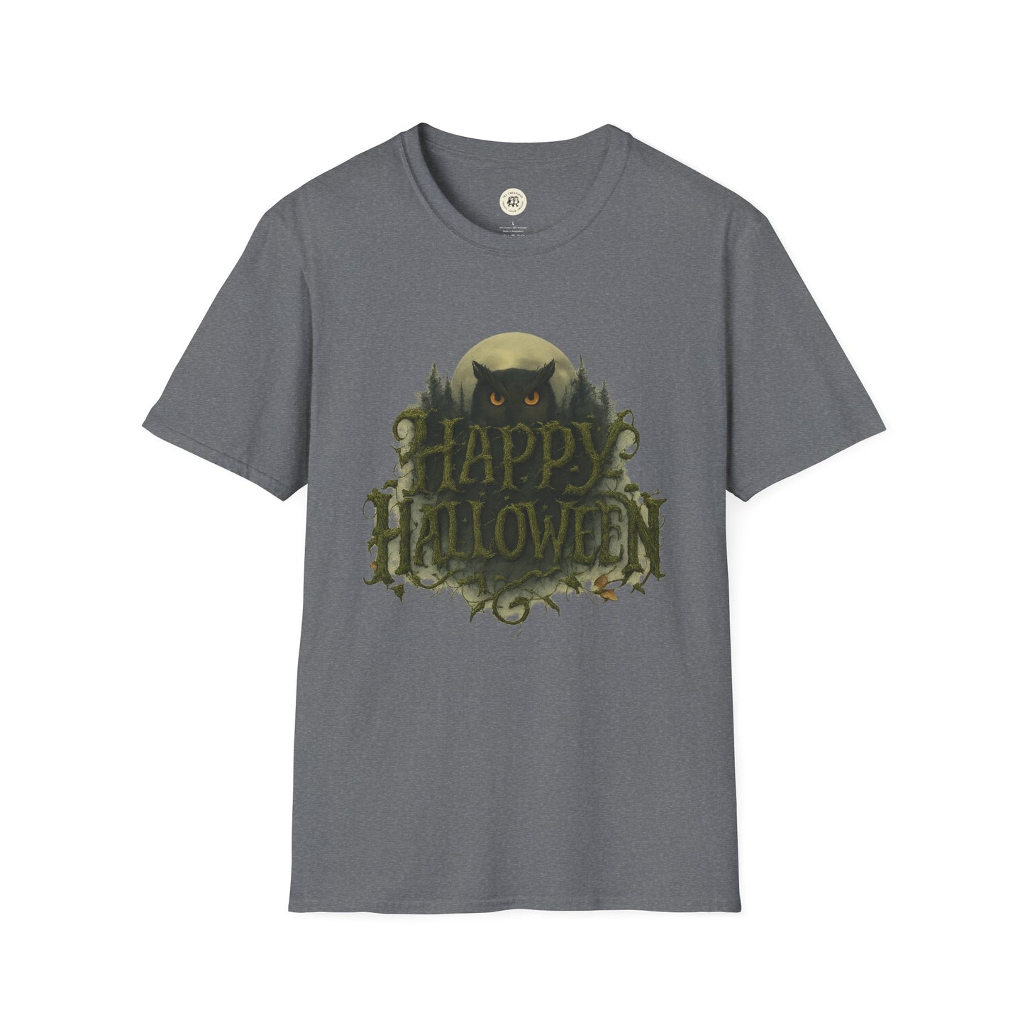Gray Printify Halloween graphic t-shirt with spooky owl and happy Halloween text design