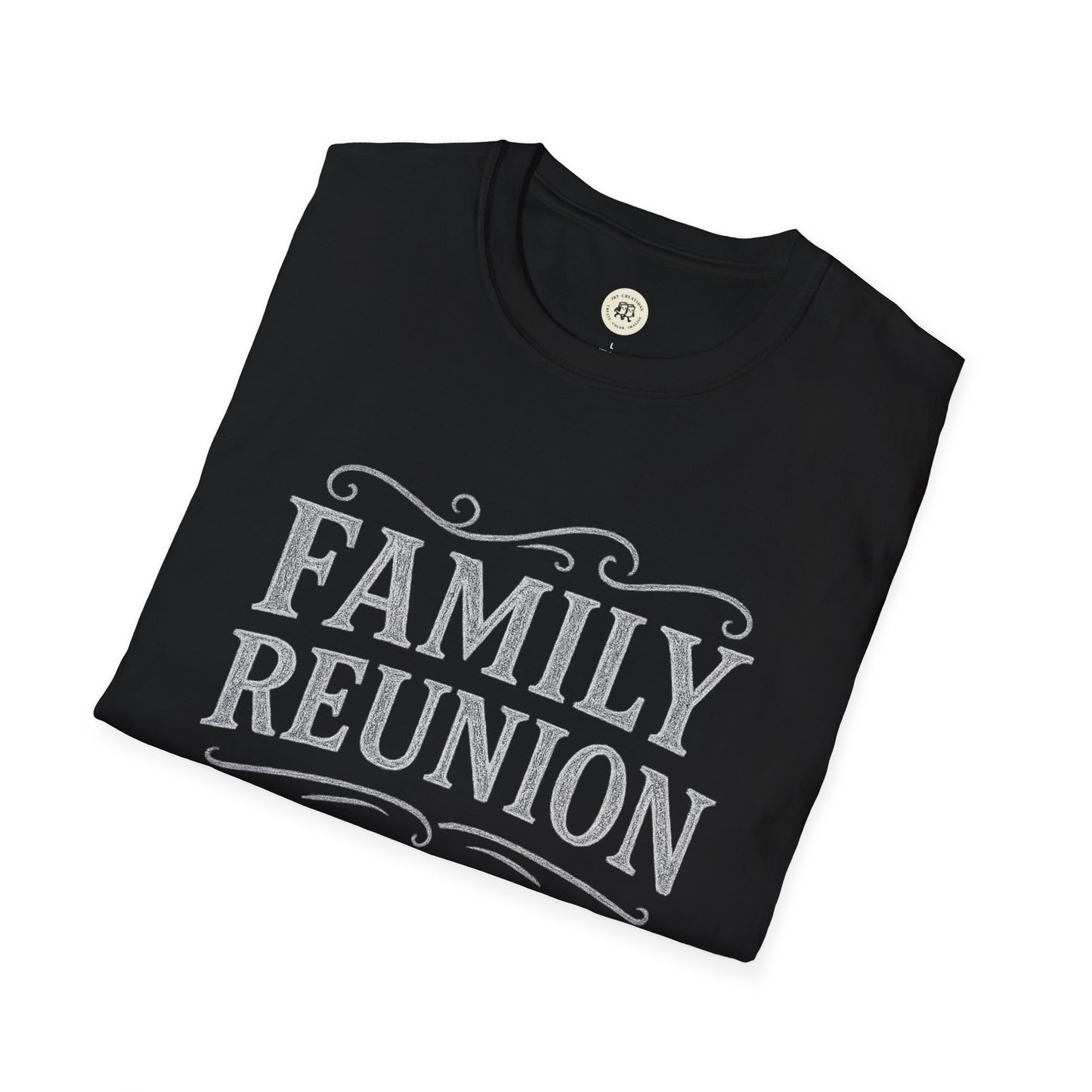 Black Printify family reunion t-shirt with stylish white text design folded neatly