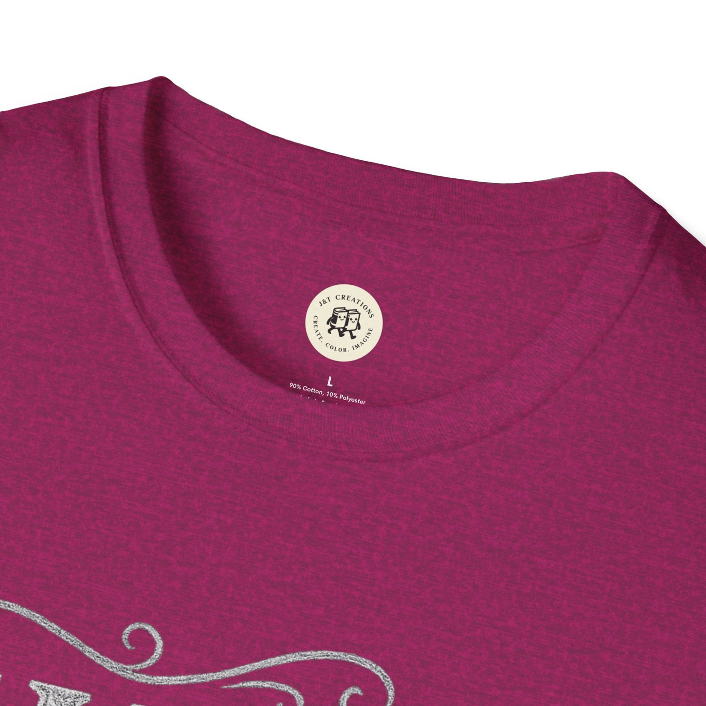 Close-up of maroon Printify family reunion t-shirt collar and tag with cotton blend fabric
