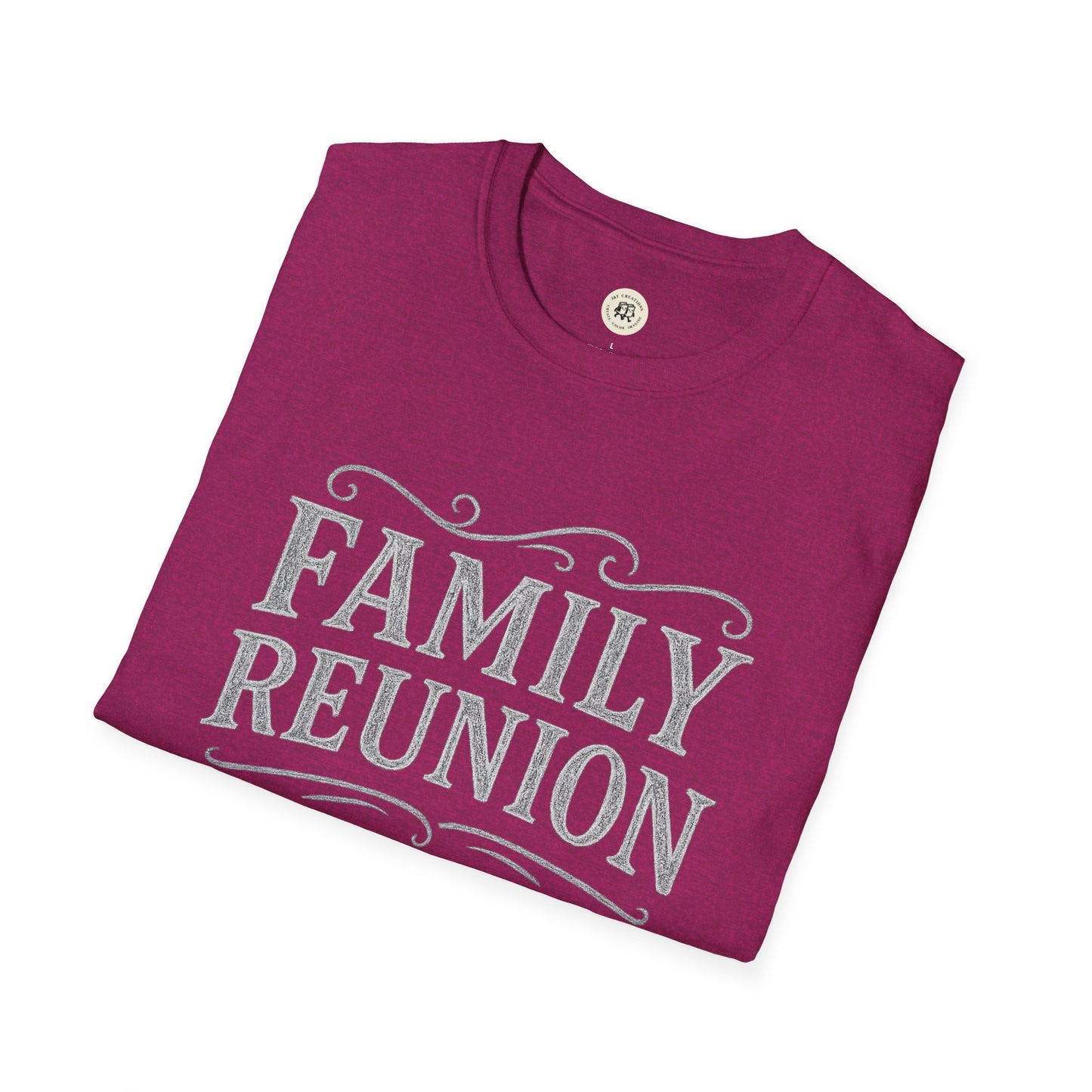 Folded Printify family reunion t-shirt in maroon with silver lettering and decorative accents