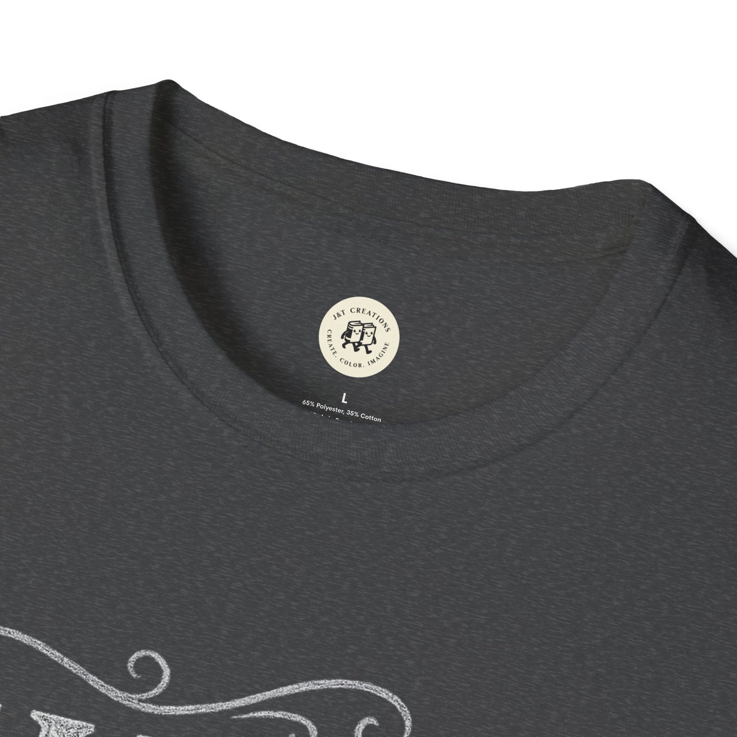Close-up of dark gray Printify family reunion t-shirt collar and fabric texture