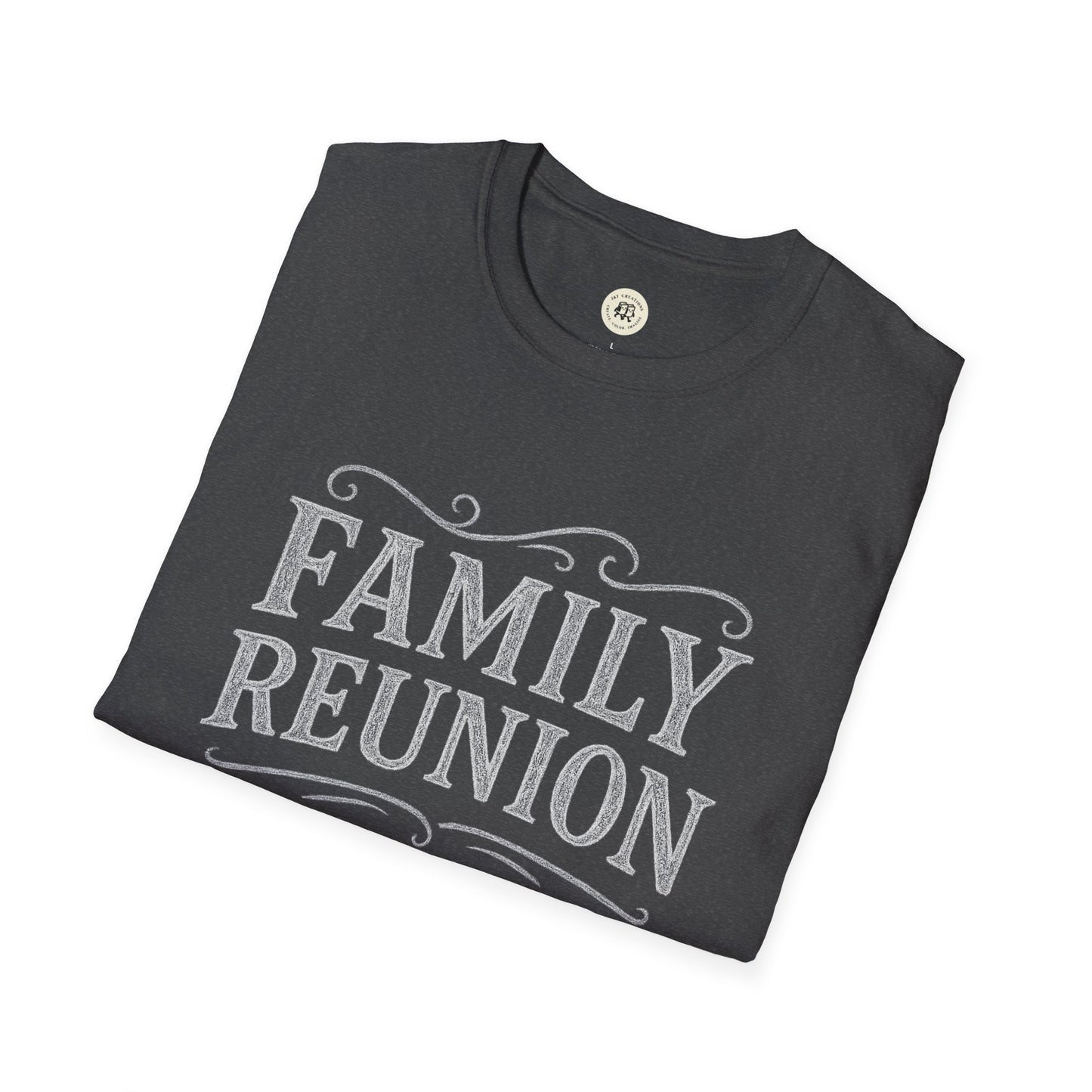Black Printify family reunion t-shirt with white vintage lettering design folded neatly
