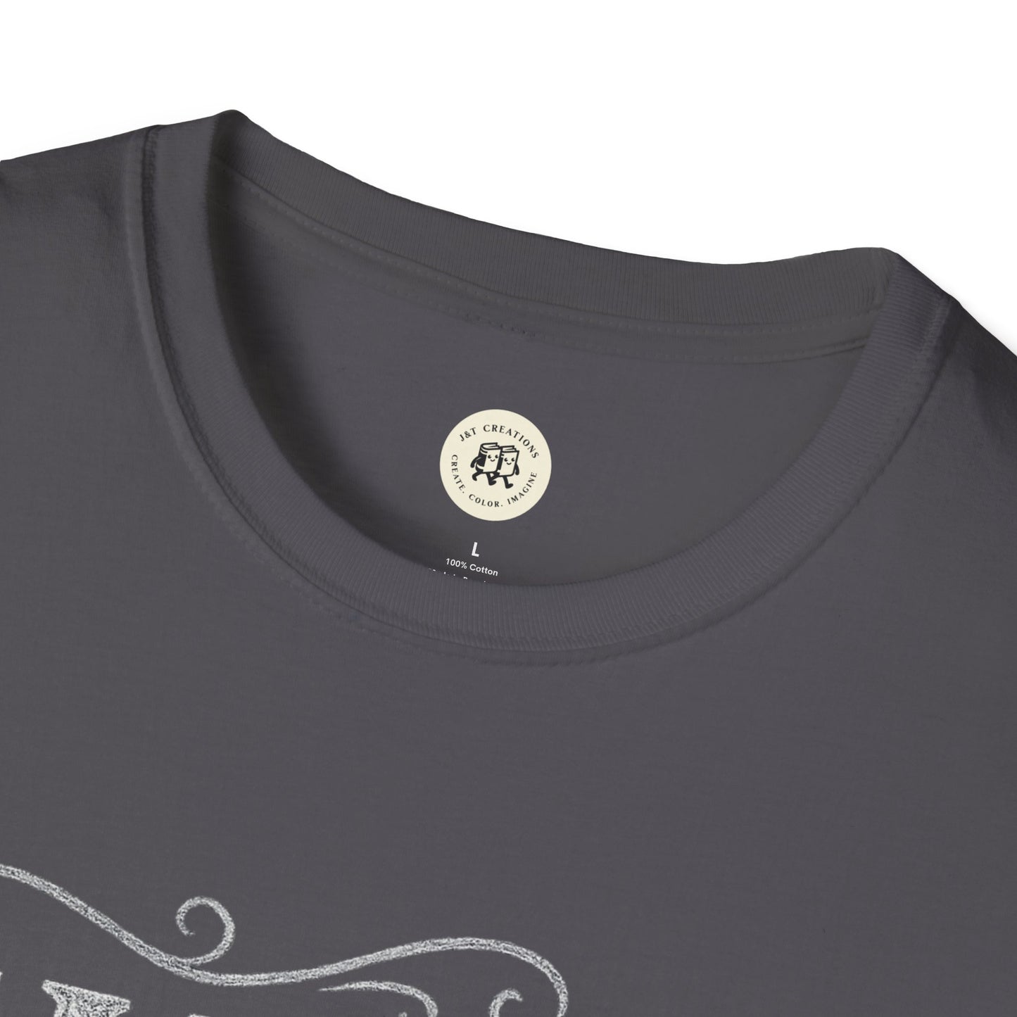 Close-up of a dark gray family reunion t-shirt from Printify featuring a round neckline and partial design print