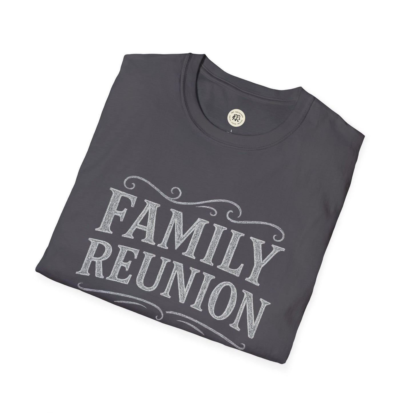 Gray Printify family reunion t-shirt with vintage white lettering folded on a white background