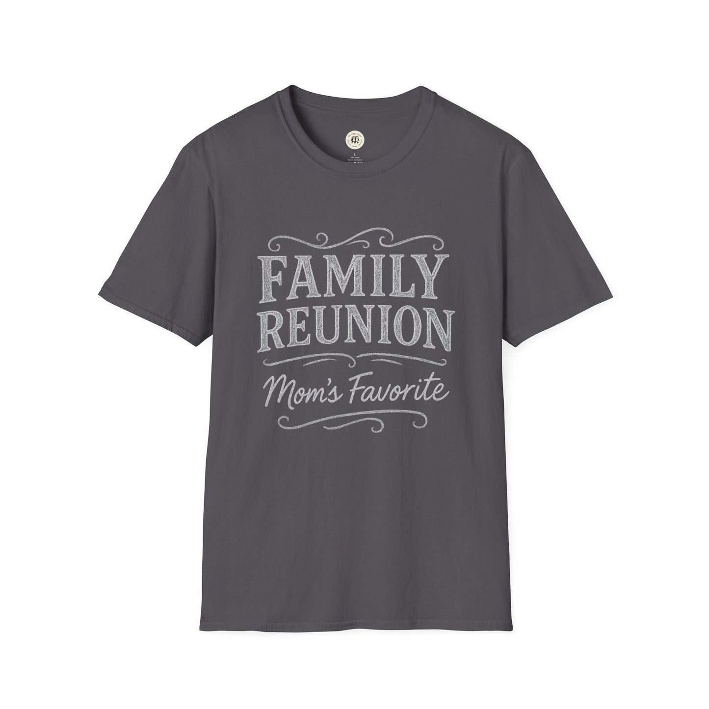 Printify gray family reunion t-shirt with Mom's Favorite text and decorative design