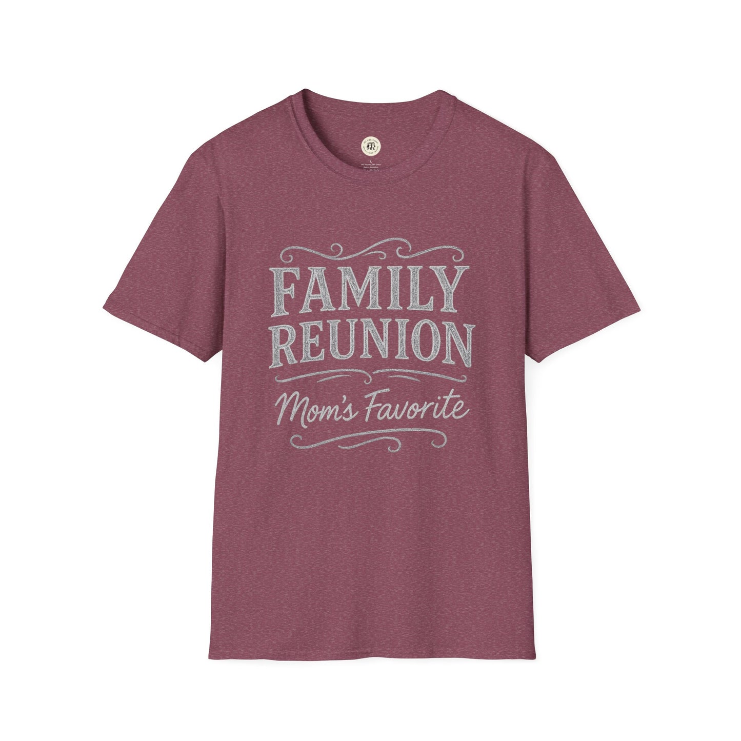 Printify family reunion t-shirt in maroon with Mom's Favorite text design on front